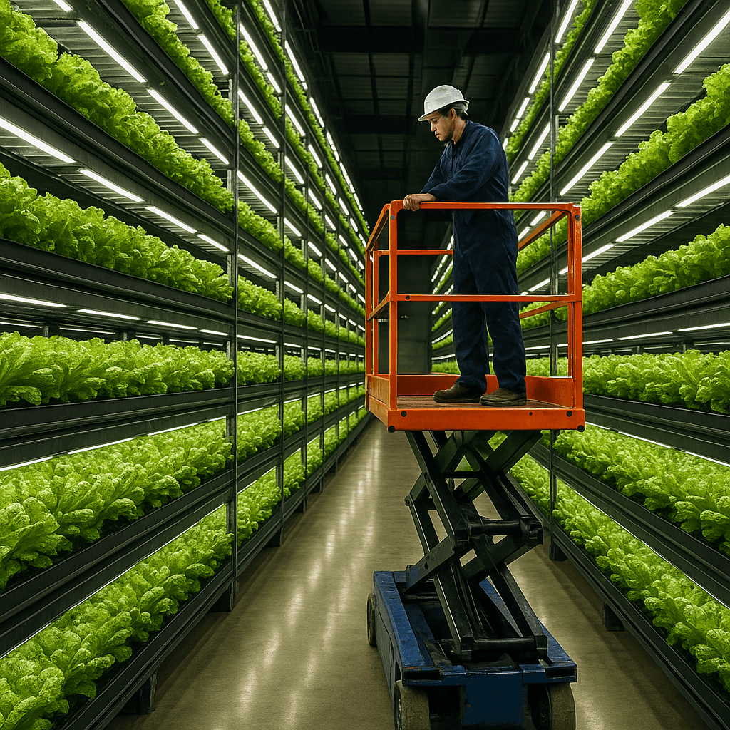 Vertical farm aisle with scissor lift